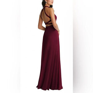 Dessy Collection Stand Collar Halter Maxi Dress With Criss Cross Open-Back 3082
